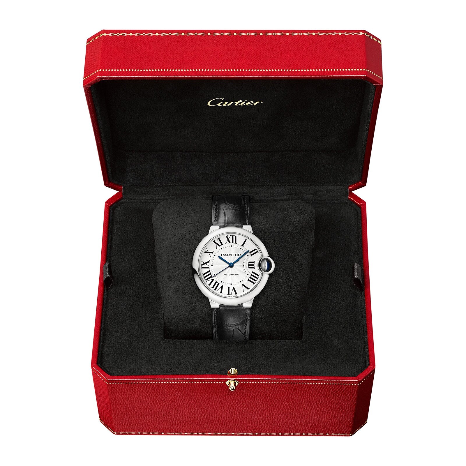 A Cartier Ballon Bleu de Cartier wristwatch with an alligator leather strap and Roman numeral dial is displayed in an open red and black Cartier box.