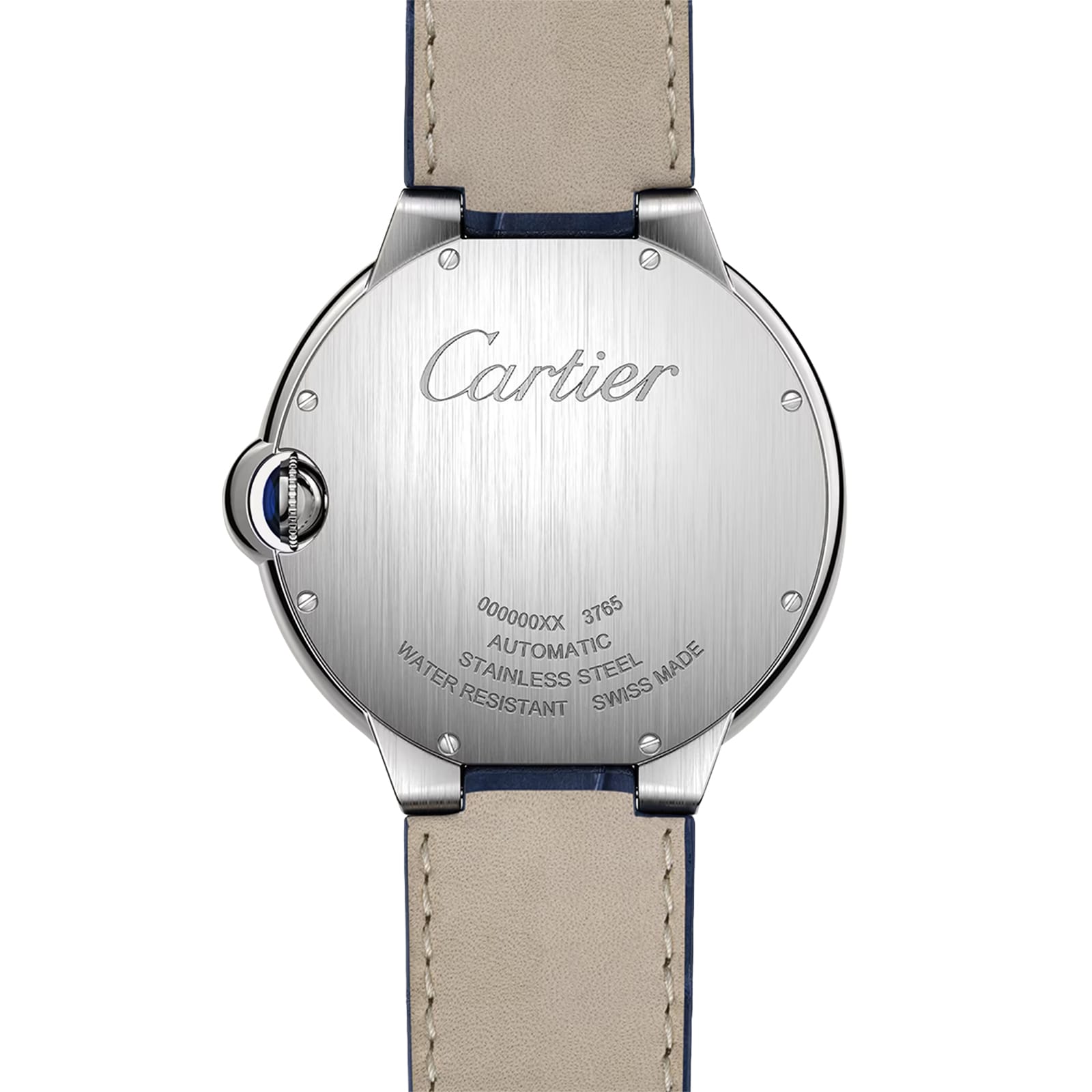 Back view of the Ballon Bleu de Cartier by Cartier featuring a stainless steel case, engraved branding, and details such as mechanical movement and water resistance.