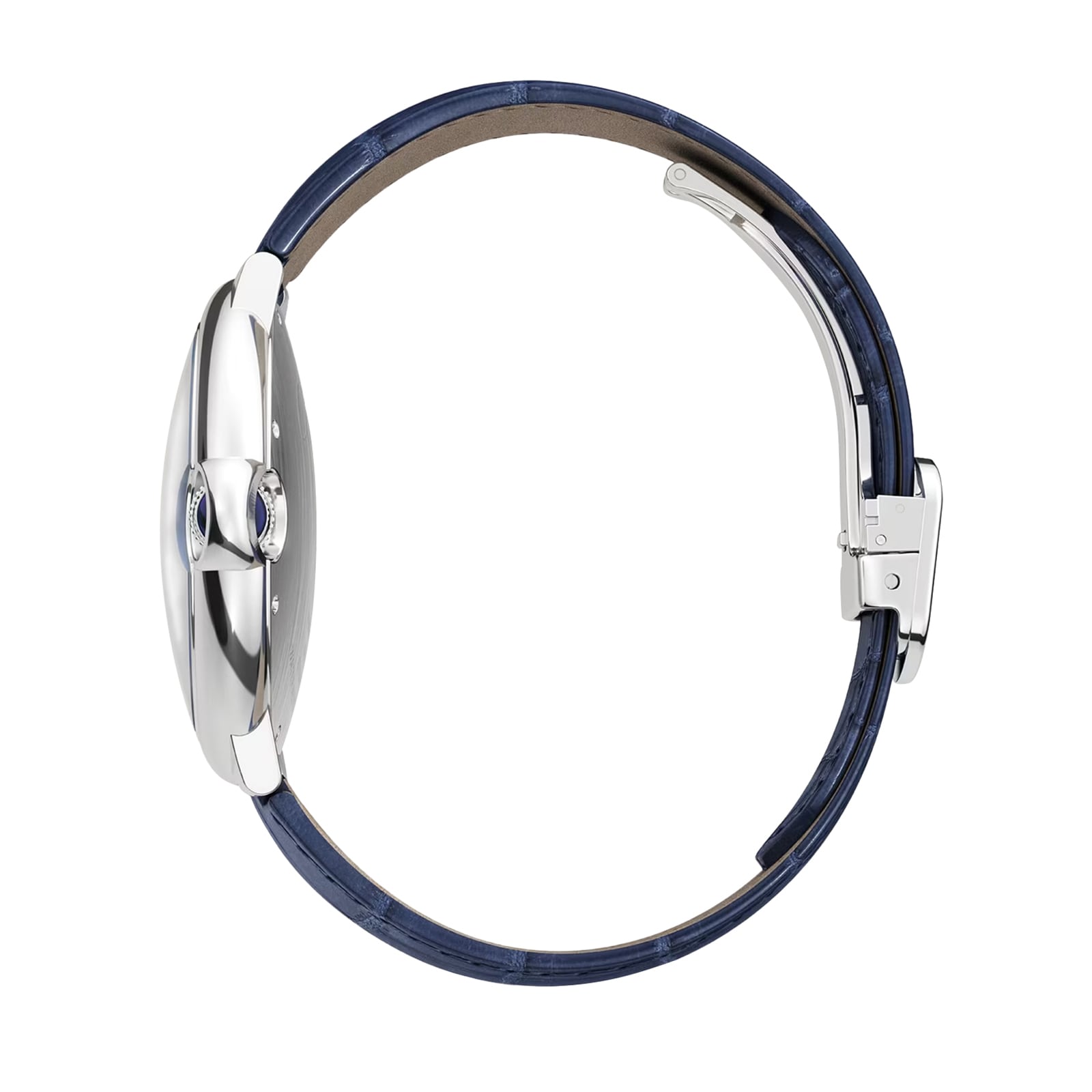 Side view of the Cartier Ballon Bleu de Cartier watch with a round silver case, blue leather strap, metal clasp, and striking blue guilloché dial shown against a plain white background.