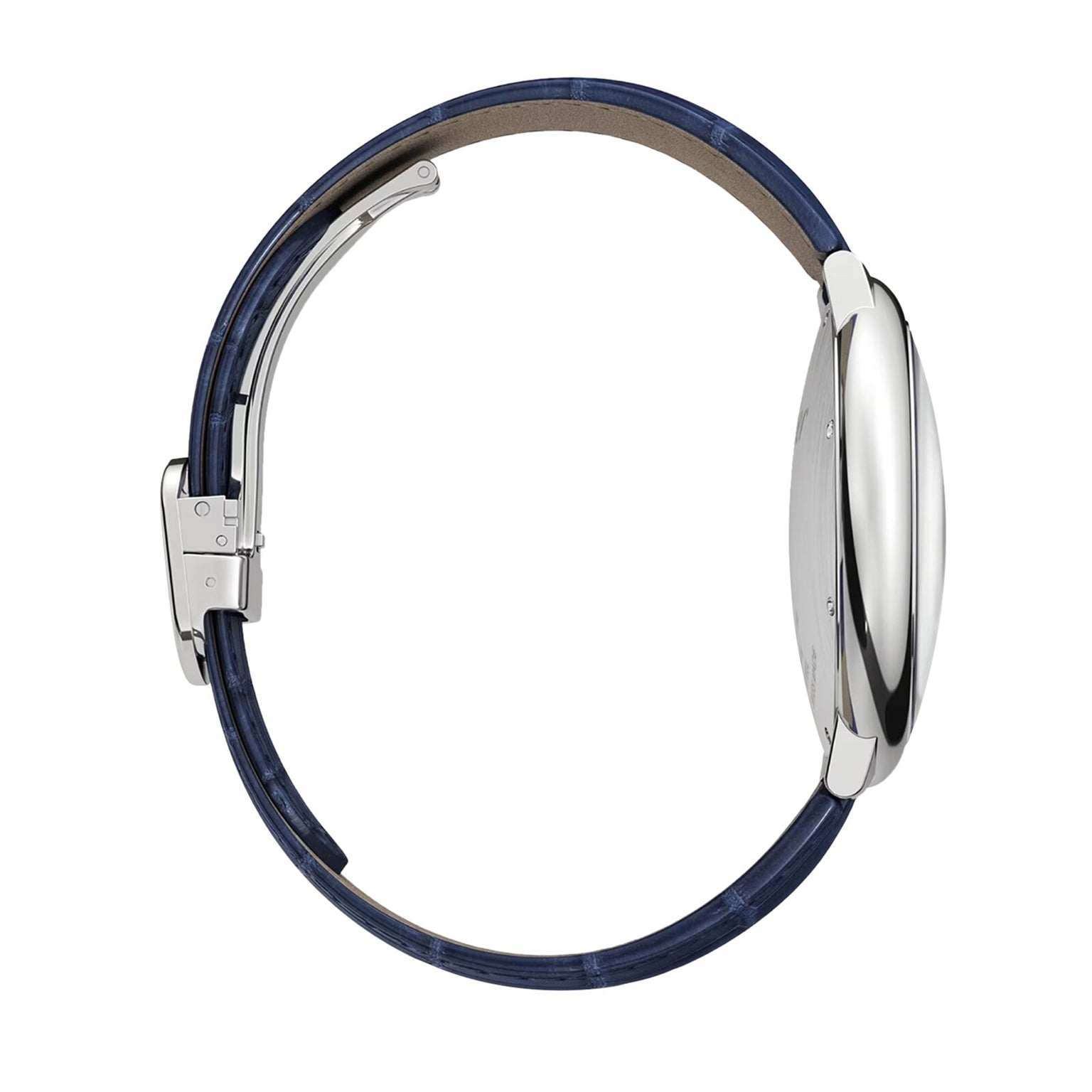 A side view of the Cartier Ballon Bleu de Cartier watch with a slim silver case, blue guilloché dial, and blue leather strap, displayed against a white background.