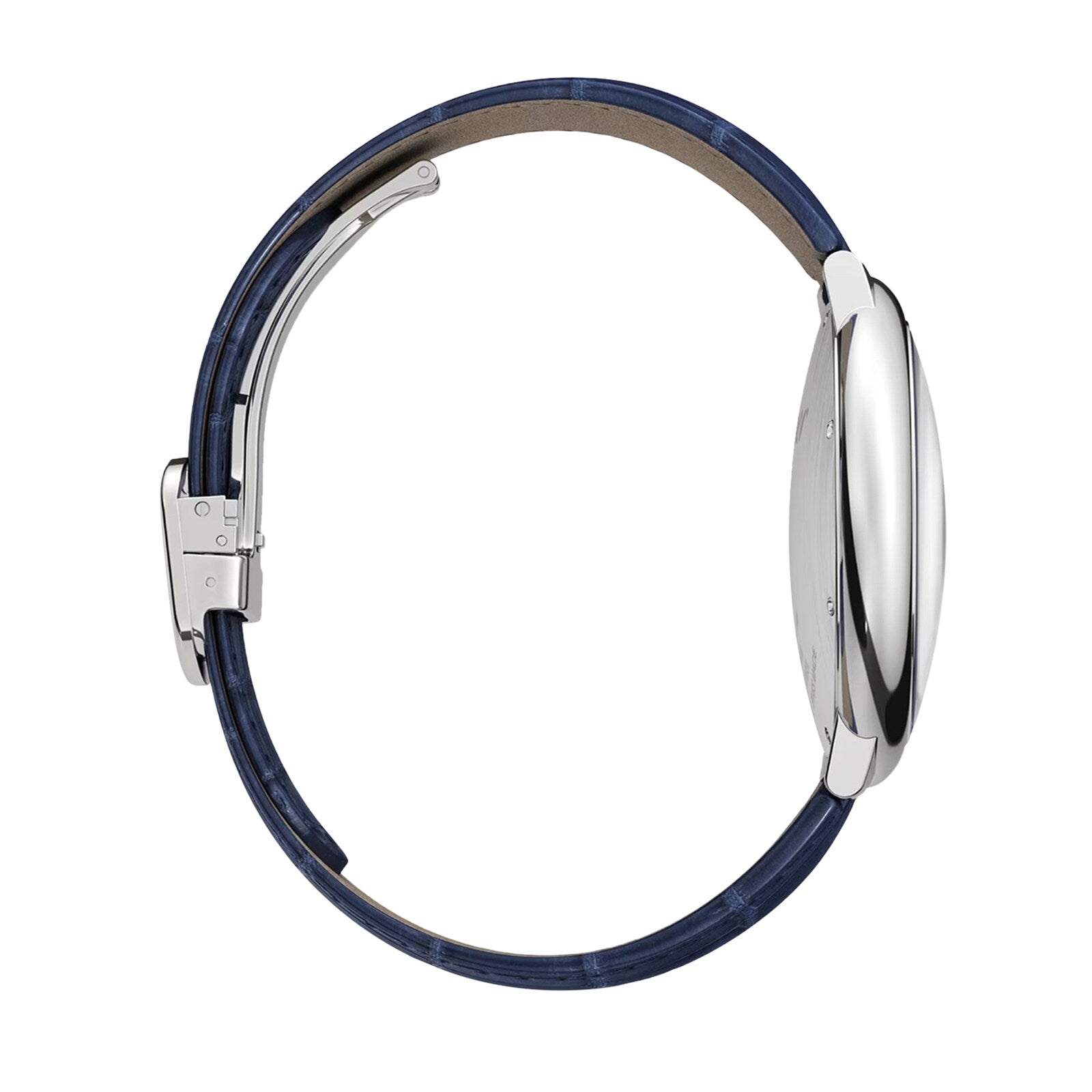 A side view of the Cartier Ballon Bleu de Cartier watch with a slim silver case, blue guilloché dial, and blue leather strap, displayed against a white background.