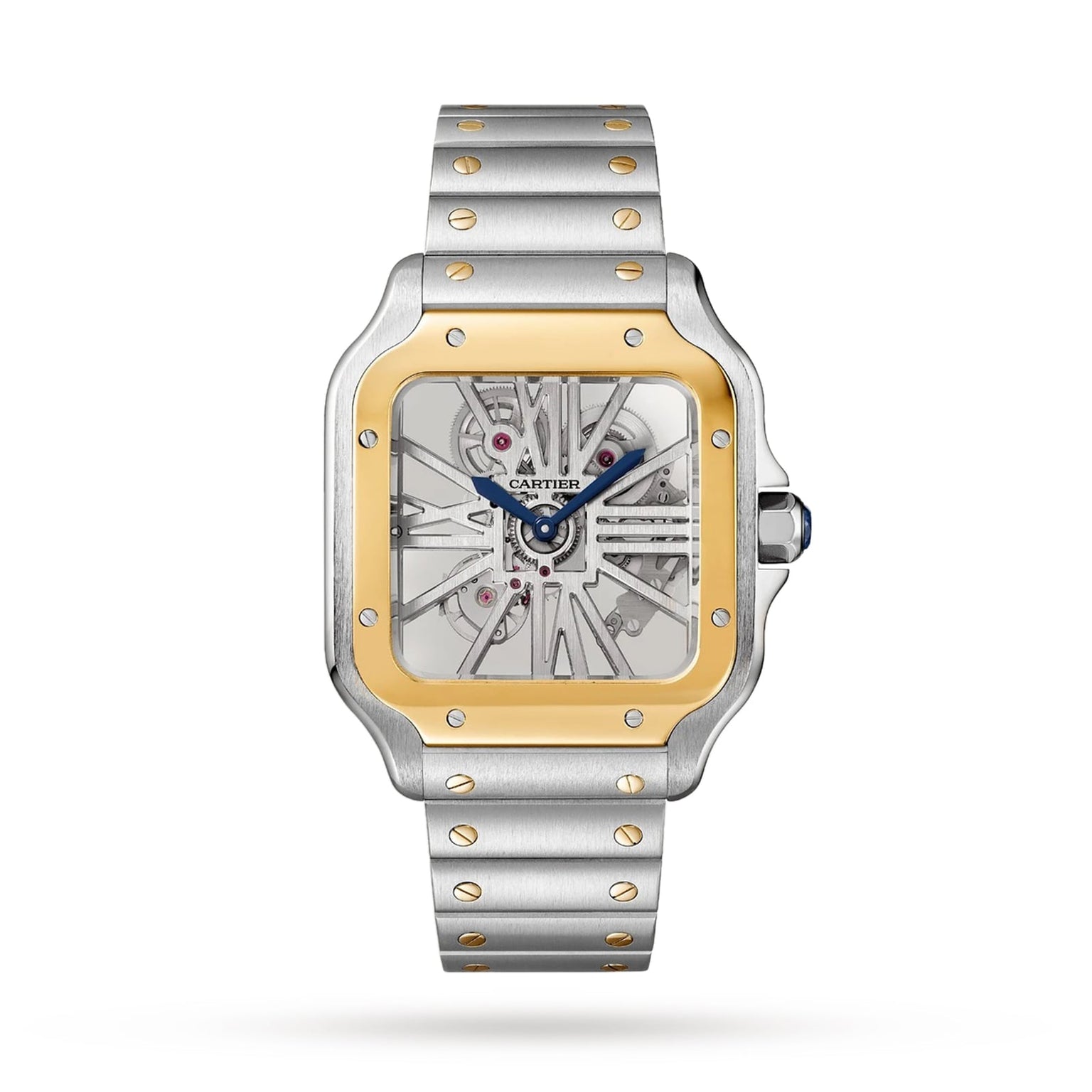 The Santos de Cartier Skeleton by Cartier features a gold bezel, skeleton dial with visible mechanical movement, and a stainless steel bracelet equipped with the SmartLink adjustment system.