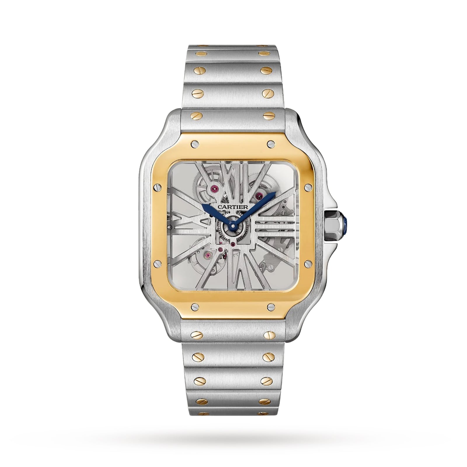 The Santos de Cartier Skeleton by Cartier features a gold bezel, skeleton dial with visible mechanical movement, and a stainless steel bracelet equipped with the SmartLink adjustment system.