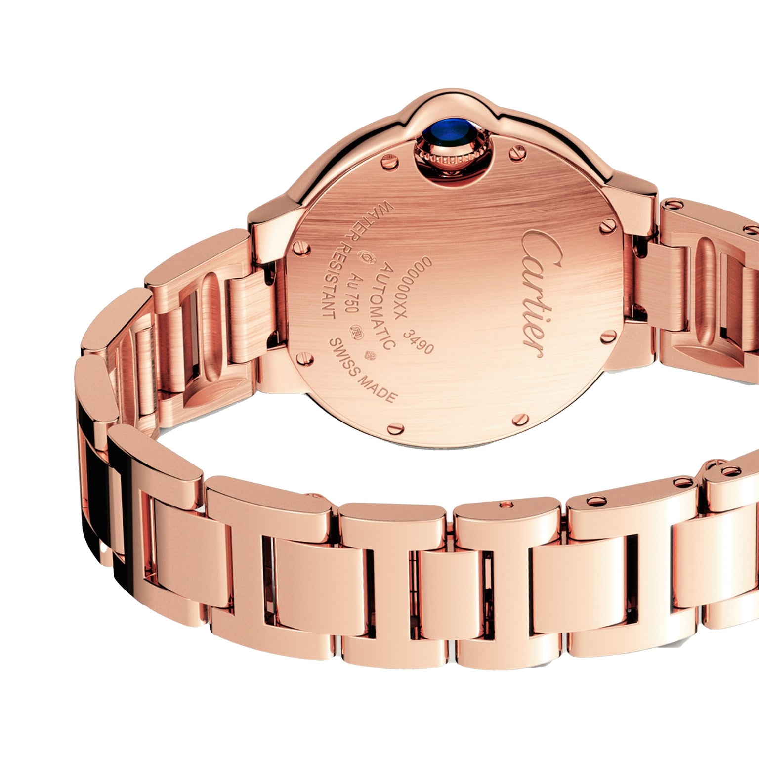 A close-up of the back of the Cartier Ballon Bleu de Cartier watch showcases engraved details, a blue cabochon crown, metal link bracelet, and automatic winding.
