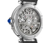 Close-up of the Pasha de Cartier Skeleton by Cartier, showing its skeleton mechanical movement, stainless steel case, and black leather strap.