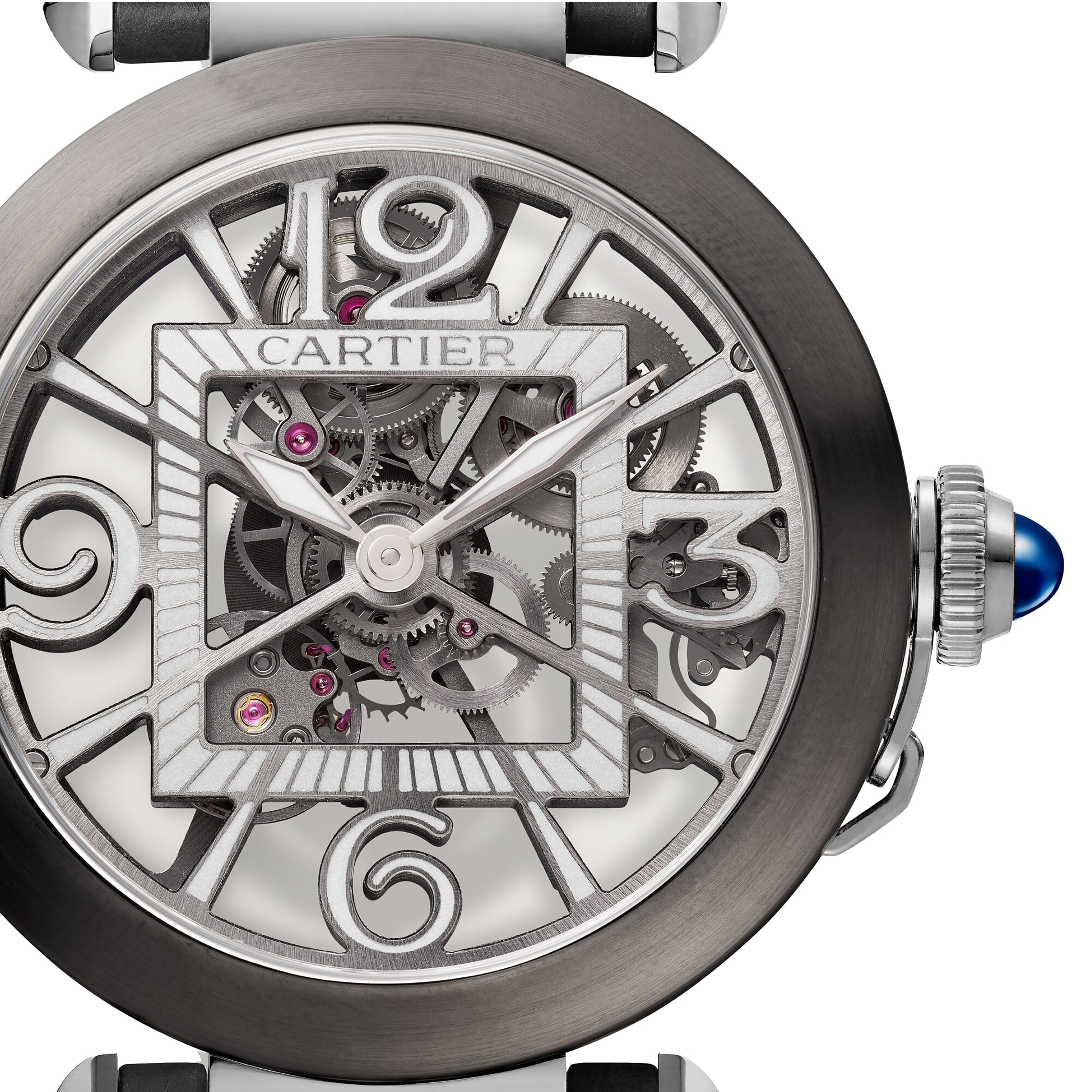 Close-up of the Cartier Pasha de Cartier Skeleton watch, highlighting its intricate skeleton design with exposed gears, refined metalwork, and signature blue cabochon crown that displays its remarkable mechanical movement.