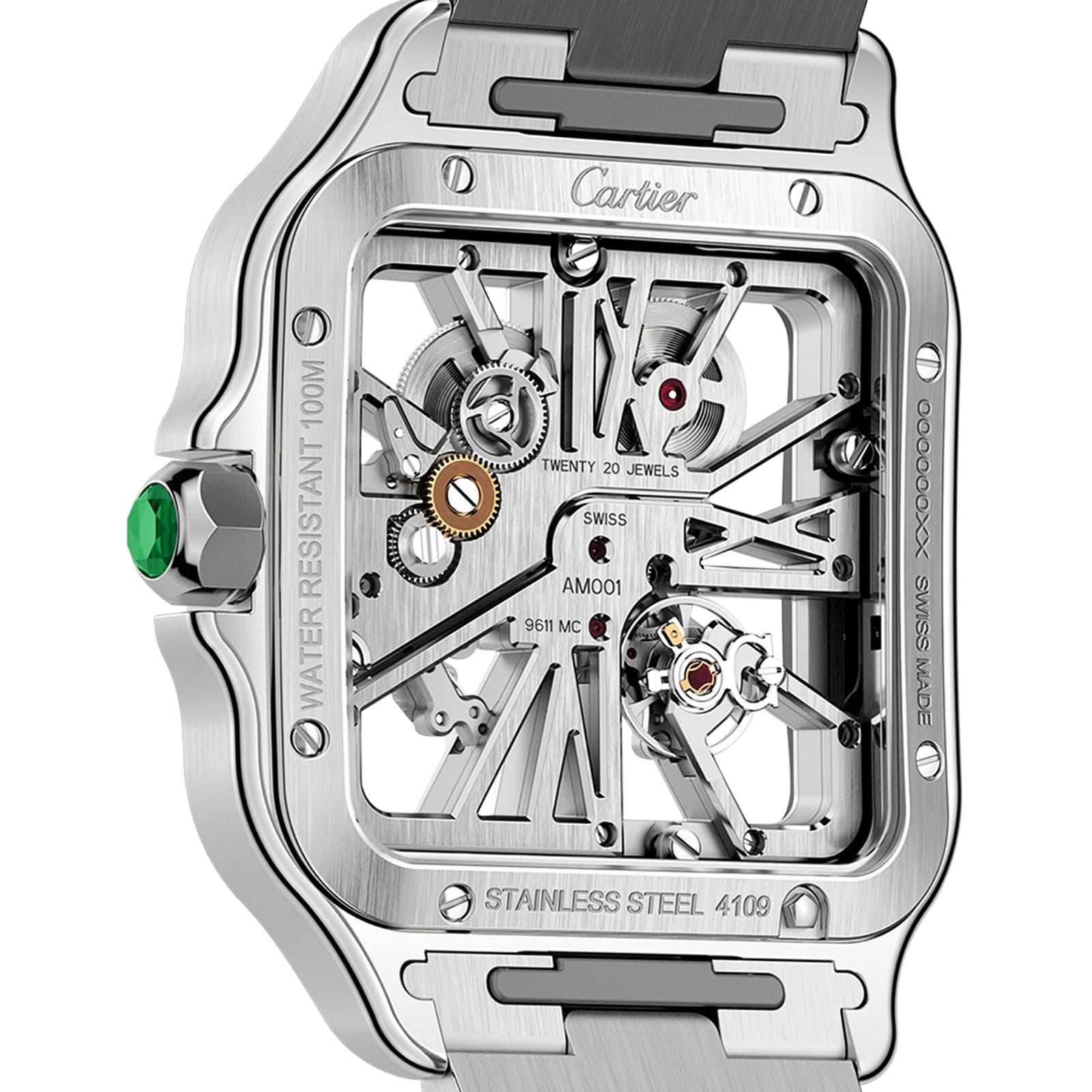 Close-up of the Cartier Santos de Cartier Skeleton watch, featuring a stainless steel case and a skeleton dial that reveals its intricate mechanical movement.