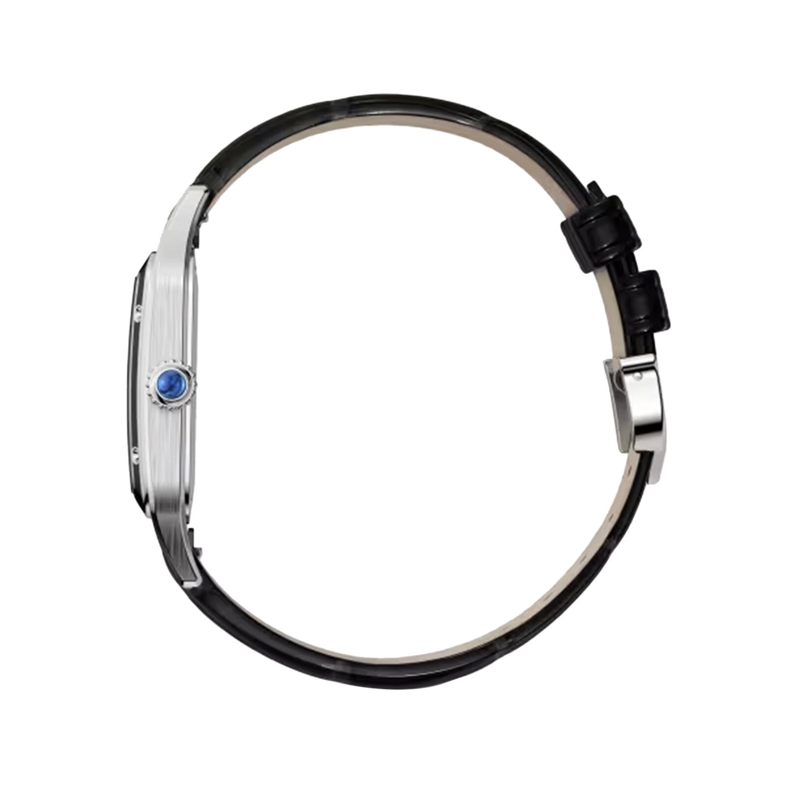 Side view of a minimalist Pasha de Cartier wristwatch by Cartier, featuring a black leather strap and blue gem on the crown, with clean geometric shapes against a white background.