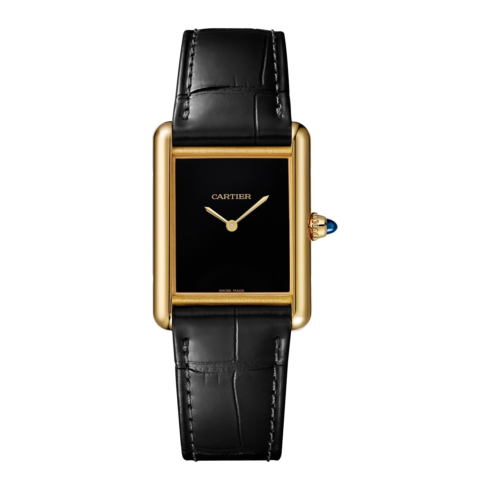 The Cartier Tank Louis Cartier is a gold rectangular watch with a black face, two gold hands, and a black leather strap.
