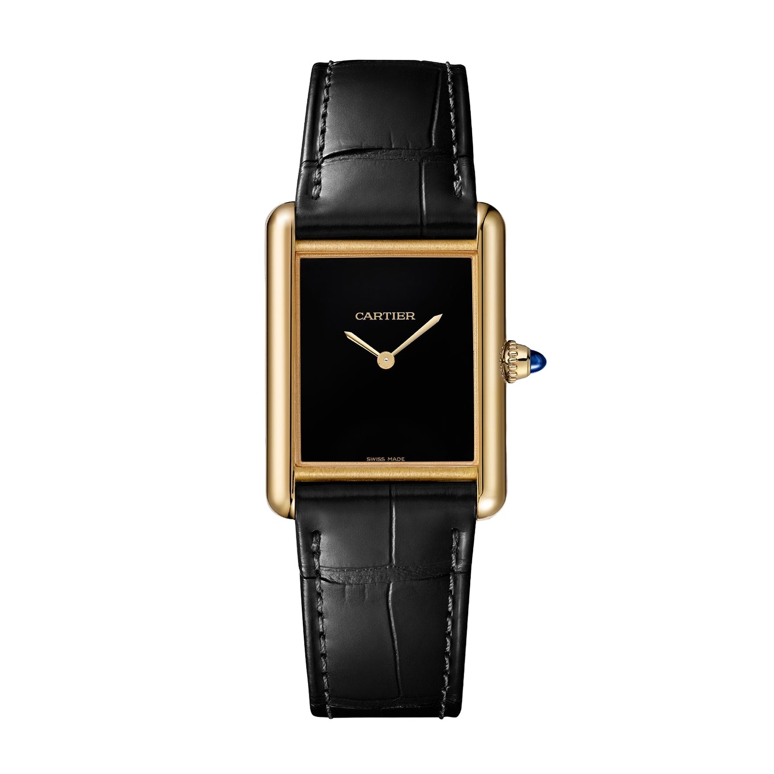 The Cartier Tank Louis Cartier features a gold case, black rectangular dial, and black leather strap.