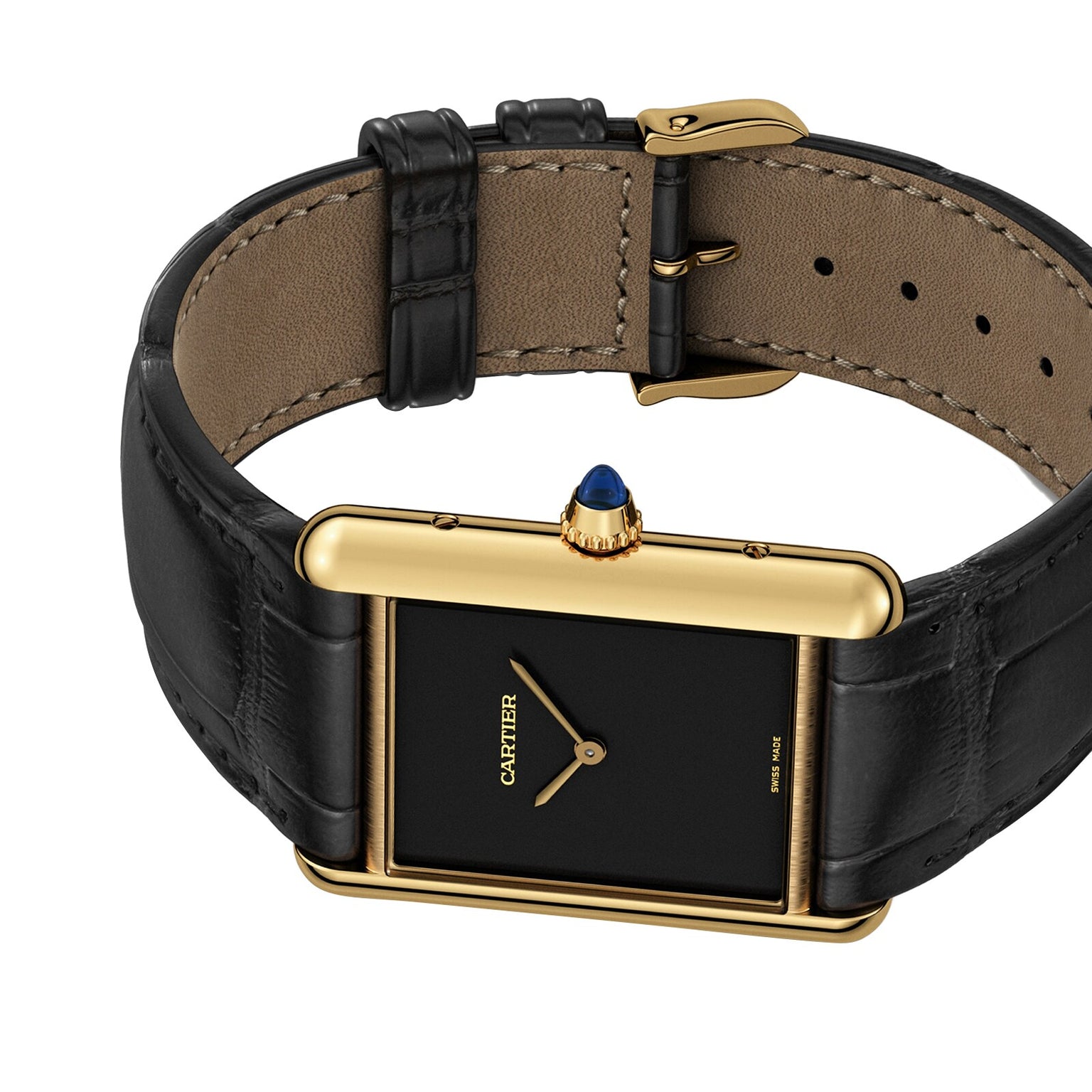 The Cartier Tank Louis Cartier watch features a gold case, black square face, black leather strap, and a blue gemstone crown.