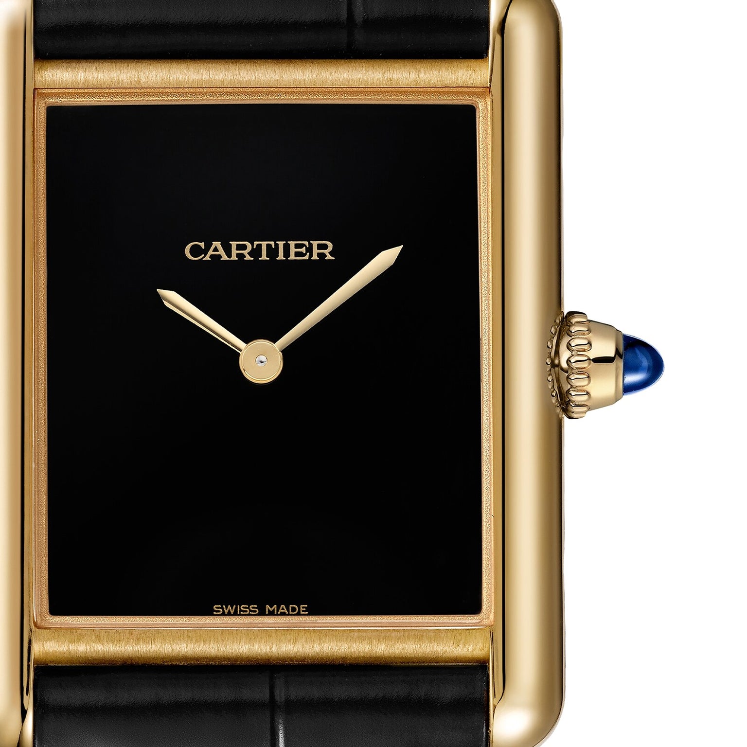 Cartier Tank Louis Cartier gold watch featuring a black square face, gold hands, and a blue gemstone set in the crown.