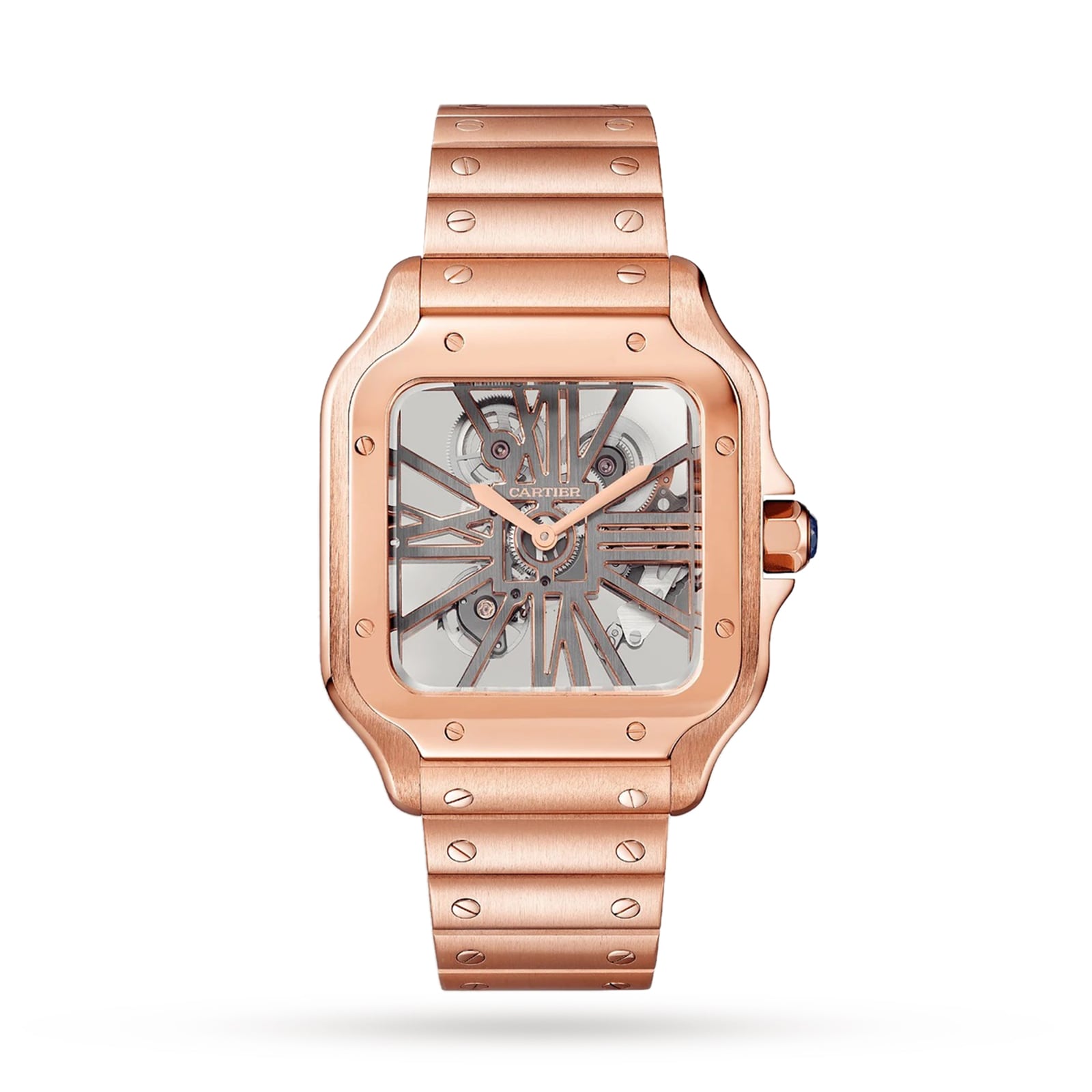 The Cartier Santos de Cartier Skeleton features a square rose gold case, exposed mechanical movement, Roman numerals, and a metal link bracelet with the SmartLink adjustment system.