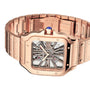 The Santos de Cartier Skeleton by Cartier features a rose gold square case, skeleton dial showcasing its mechanics, blue cabochon crown, metal bracelet, and a convenient SmartLink adjustment system.