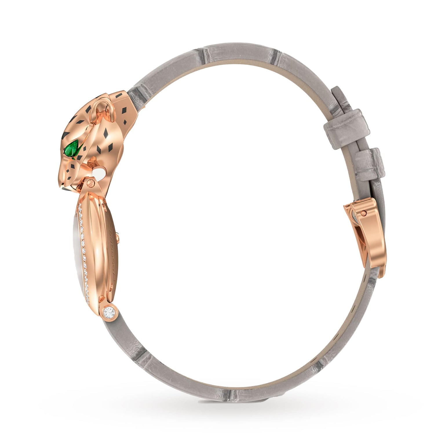 La Panthère de Cartier by Cartier is a bracelet with a rose gold panther head, green gemstone eyes, a brilliant-cut diamond accent, and a thin gray alligator leather strap.
