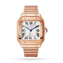 A Cartier Baignoire watch with a rose gold case and bracelet, white dial, black Roman numerals, and blue hands, featuring a precise mechanical movement, displayed against a plain white background.