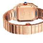 Close-up view of the back and bracelet of a Cartier Baignoire watch, showing engraved brand details and signature screws on the metal links.