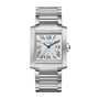 The Cartier Tank Française features a stainless steel rectangular case, Roman numeral dial, blue hands, date display, and a linked steel bracelet.