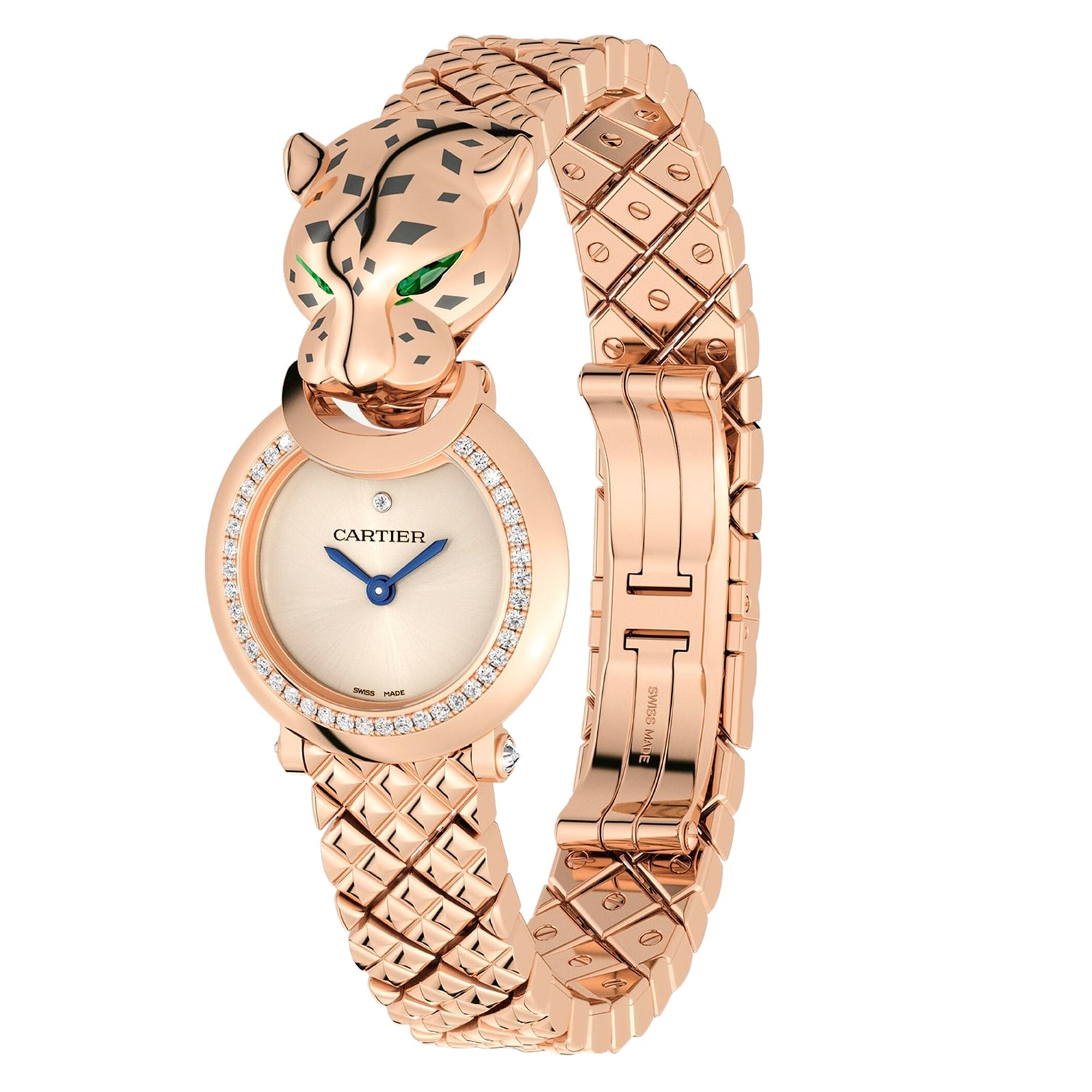 The La Panthère de Cartier watch by Cartier features a rose gold case, diamond bezel, and a panther head design with green gemstone eyes.