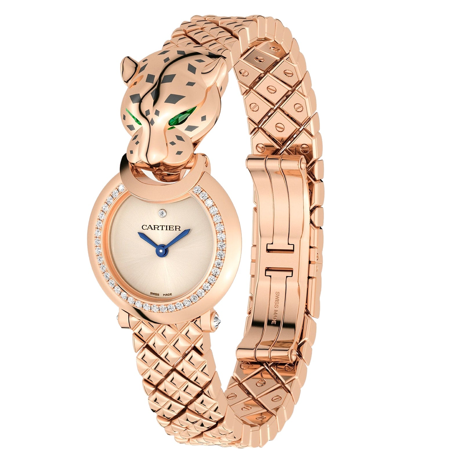 The La Panthère de Cartier watch by Cartier features a rose gold case, diamond bezel, and a panther head design with green gemstone eyes.