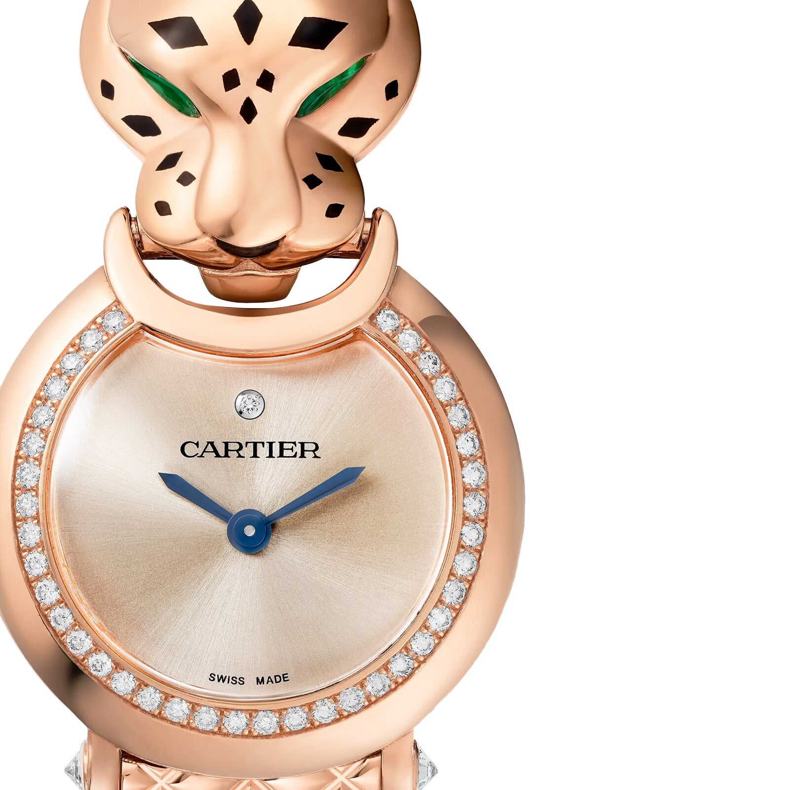 La Panthère de Cartier by Cartier: a gold watch featuring a diamond bezel, sculpted panther head with green jeweled eyes, and blue hands.