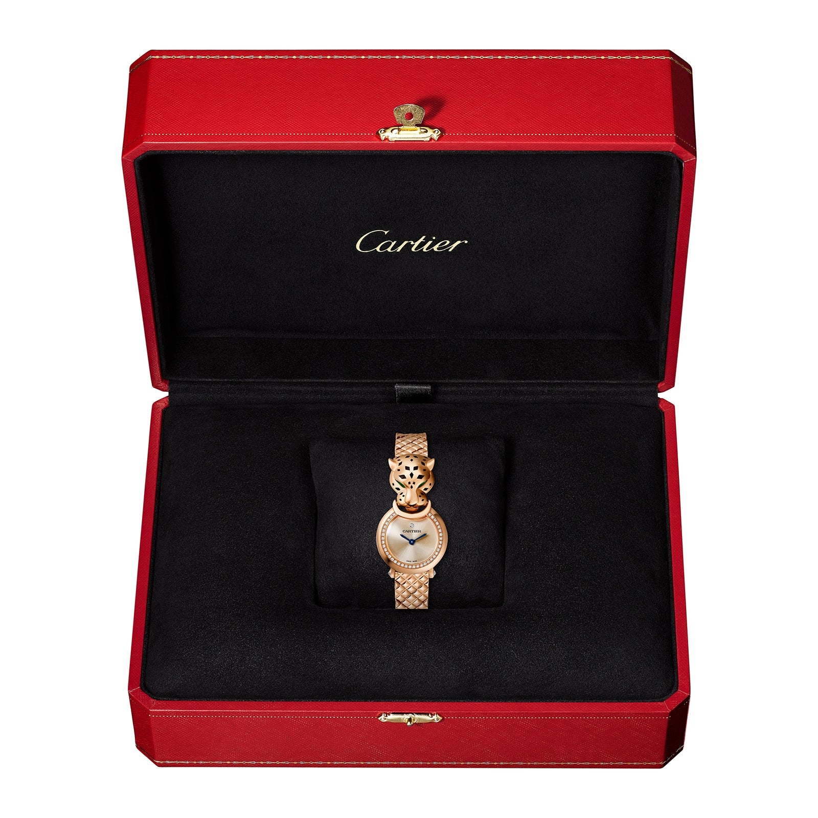 The La Panthère de Cartier gold watch by Cartier, featuring a panther design, is displayed in an open red and black Cartier box.