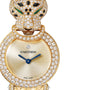 The La Panthère de Cartier watch by Cartier is encrusted with diamonds and features a jeweled panther head above its round face.