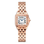 The Panthère de Cartier Small Model by Cartier features a rose gold linked bracelet, square face with Roman numerals, blue hands, diamond-set bezel, and displays the Cartier logo on this elegant watch.