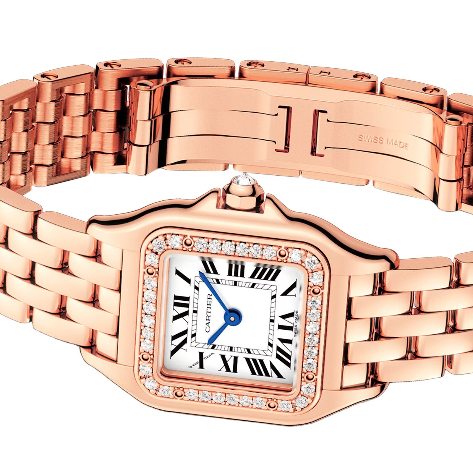 The Panthère de Cartier Small Model by Cartier features a rose gold case, diamond-set bezel, white dial with black Roman numerals, blue hands, and a linked bracelet, displayed from an angled perspective.