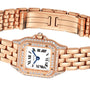 The Panthère de Cartier by Cartier is a rose gold watch featuring a diamond bezel, Roman numerals, and a linked bracelet band.