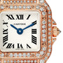 Close-up of the Panthère de Cartier watch by Cartier, featuring Roman numerals, blue hands, and a diamond-encrusted gold bezel.