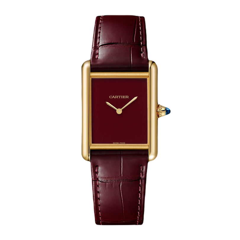 The Cartier Tank Louis Cartier wristwatch features a rectangular 18K yellow gold case, burgundy dial, matching leather strap, and two gold hands with no hour markers—an icon of timeless elegance.