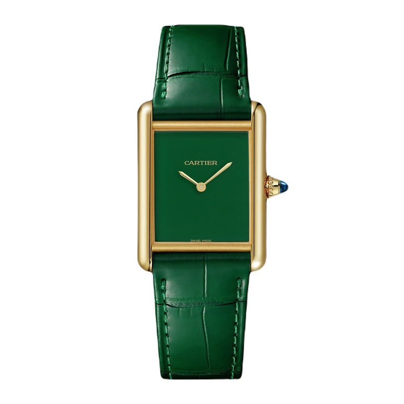 A Cartier Tank Louis Cartier wristwatch with an 18K yellow gold case, green lacquered rectangular dial, and matching green leather strap, shown on a white background.