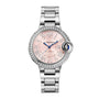 The Ballon Bleu de Cartier by Cartier features a silver case, pink sunray dial, Roman numeral markers, diamond-set bezel, and a polished metal link bracelet.