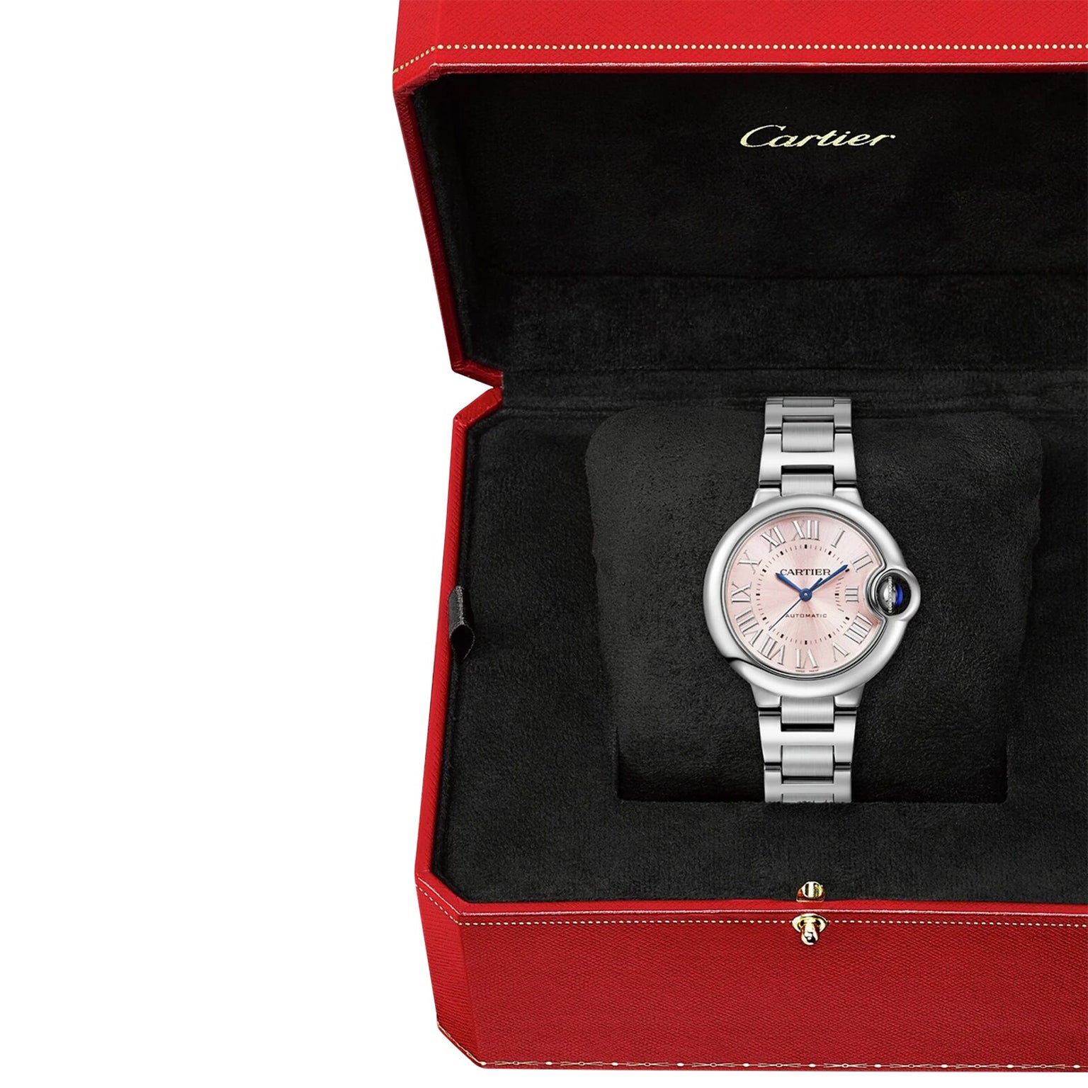 A Cartier Ballon Bleu de Cartier wristwatch with Roman numeral markers and a round face is showcased in an open red Cartier box lined with black velvet.