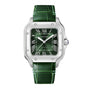 The Santos de Cartier by Cartier features a square stainless steel case, green Roman numeral dial, green leather strap, and a self-winding mechanical movement.