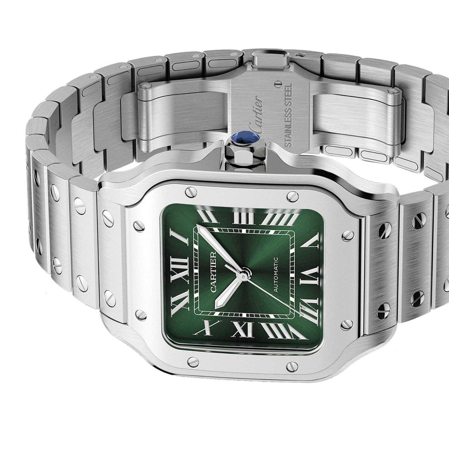 A Cartier Santos de Cartier stainless steel watch with a green square dial, Roman numerals, and metal bracelet, inspired by aviation pioneers, shown angled on a white background.