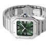 A Cartier Santos de Cartier stainless steel watch with a green square dial, Roman numerals, and metal bracelet, inspired by aviation pioneers, shown angled on a white background.