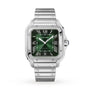 The Cartier Santos de Cartier watch features a stainless steel case, green rectangular dial with Roman numerals, and a metal link band, highlighting elegant form against a white background.