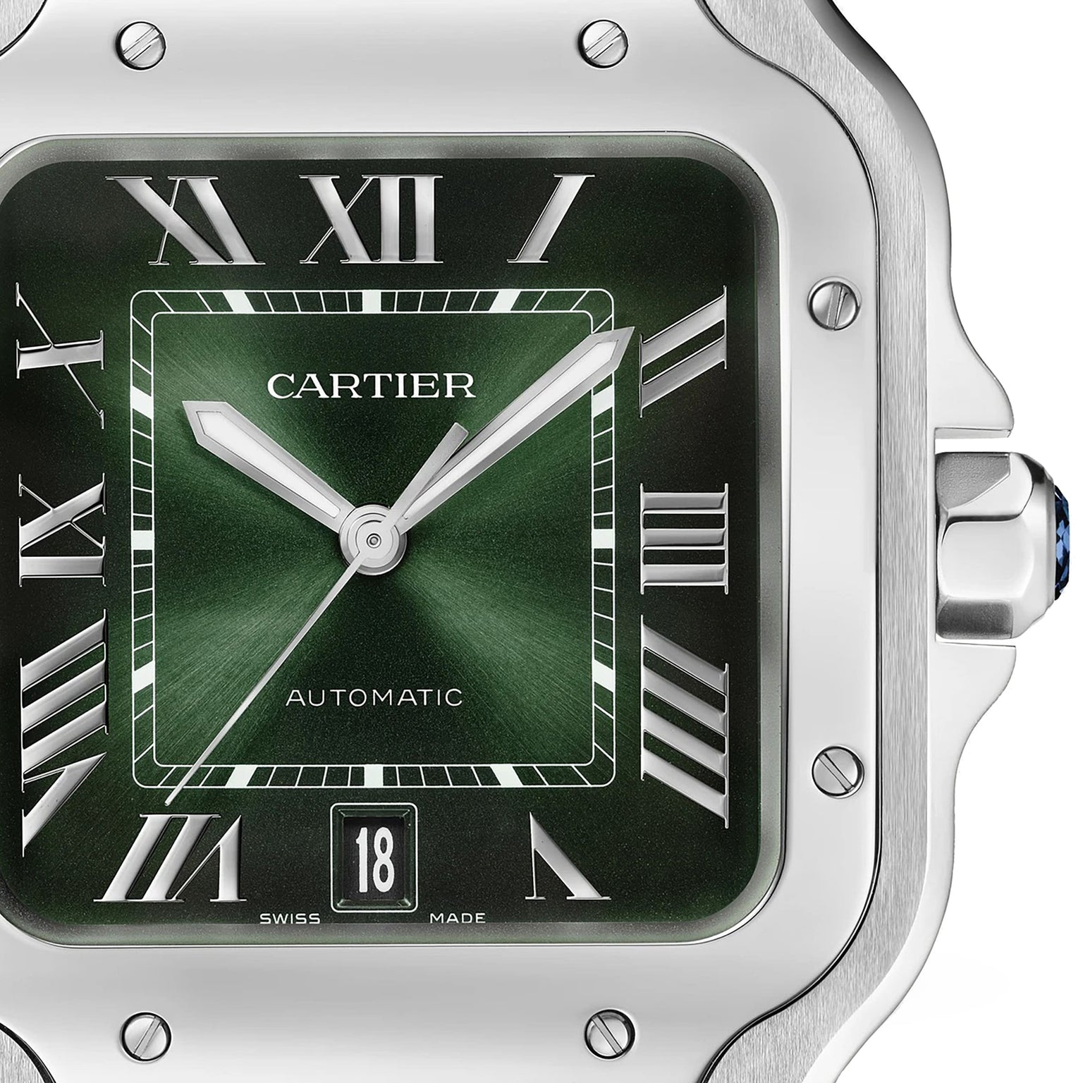 Close-up of the Santos de Cartier by Cartier featuring a green dial, Roman numerals, silver hands, a date window at 6 o’clock, and a stainless steel case—a striking blend of precision and timeless elegance.