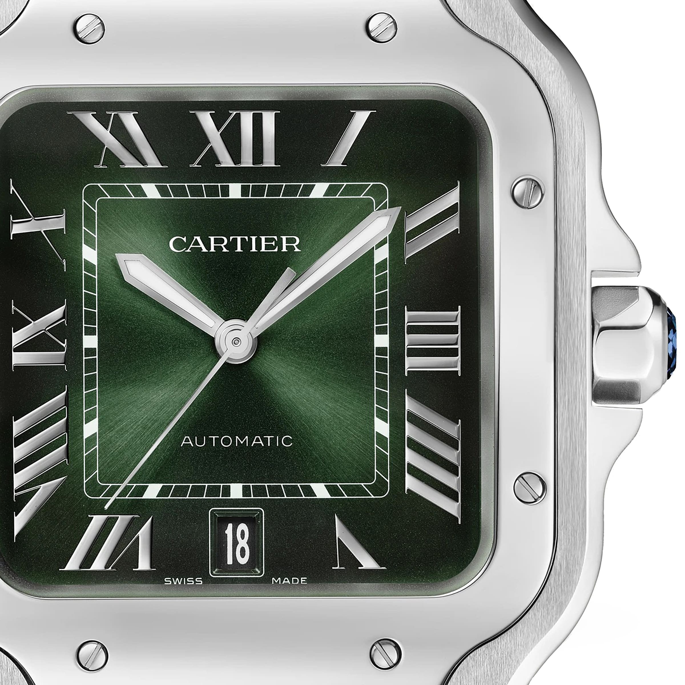 Close-up of the Santos de Cartier by Cartier featuring a green dial, Roman numerals, silver hands, a date window at 6 o’clock, and a stainless steel case—a striking blend of precision and timeless elegance.