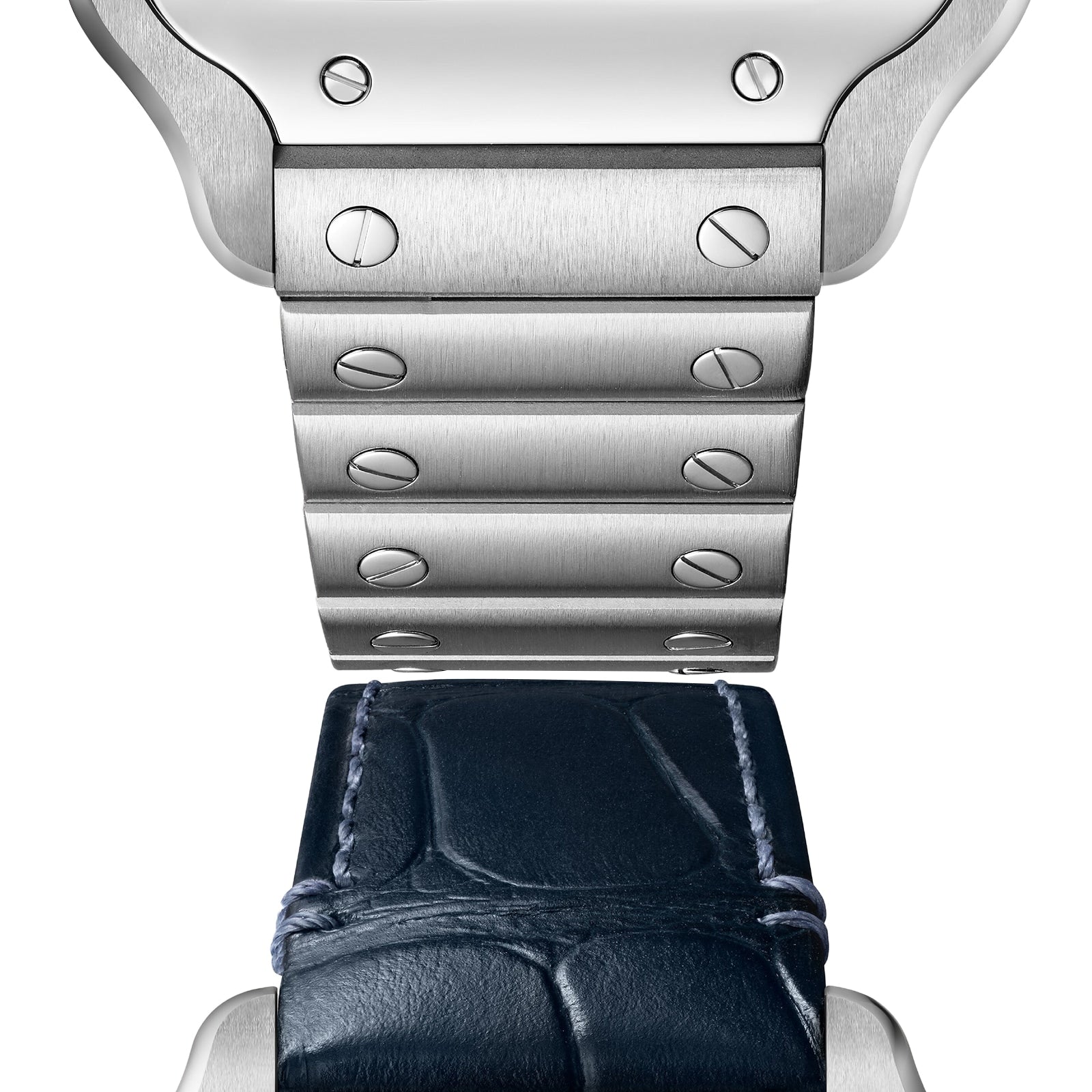 Close-up of the Cartier Santos de Cartier watch showcases the transition from a brushed metal bracelet with screws to a dark blue leather strap, both complemented by its signature square steel case.