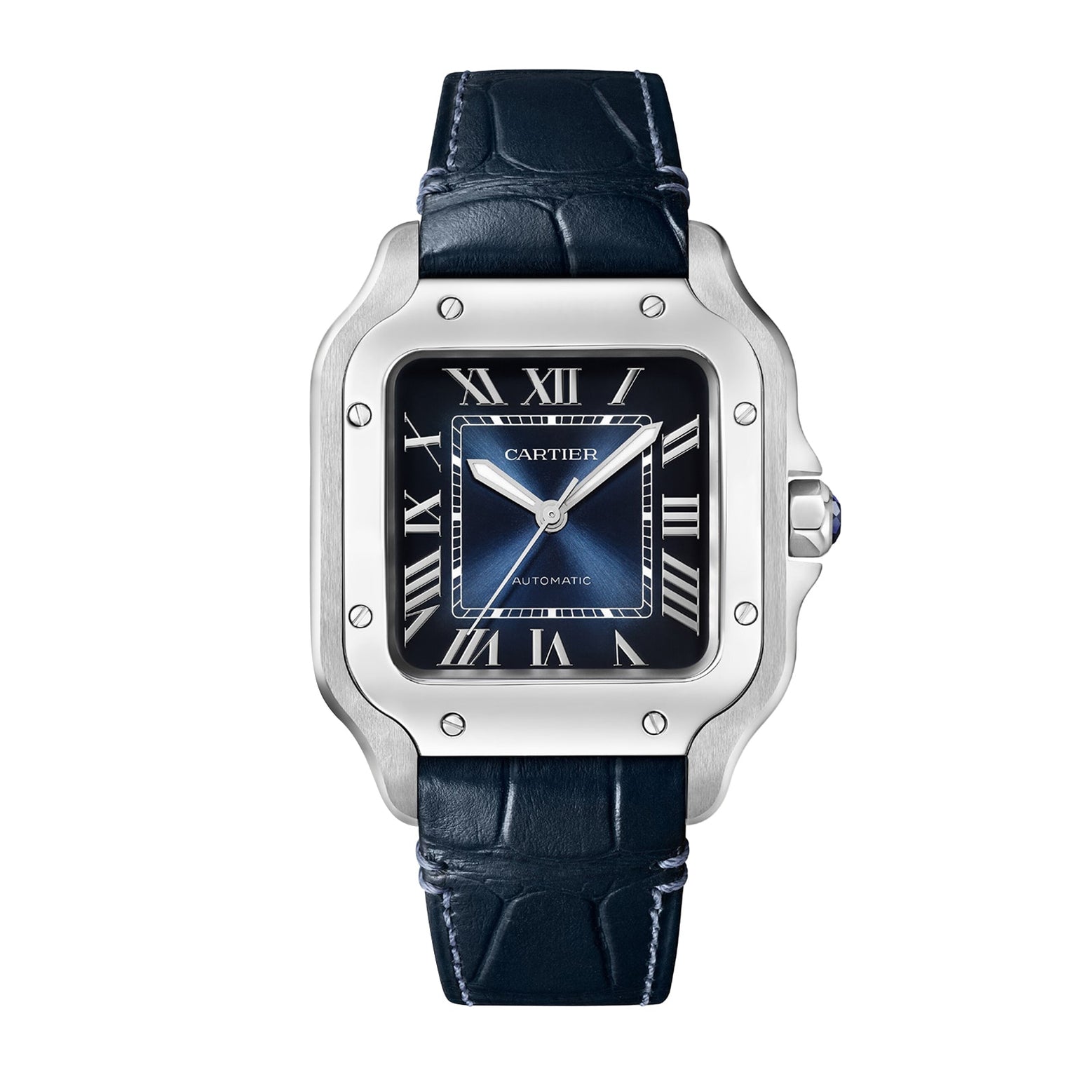 The Santos de Cartier by Cartier features a square silver case, blue dial with Roman numerals, date window at 3 o’clock, mechanical movement, and black leather strap—reflecting the brand’s historic connection to early aviation.