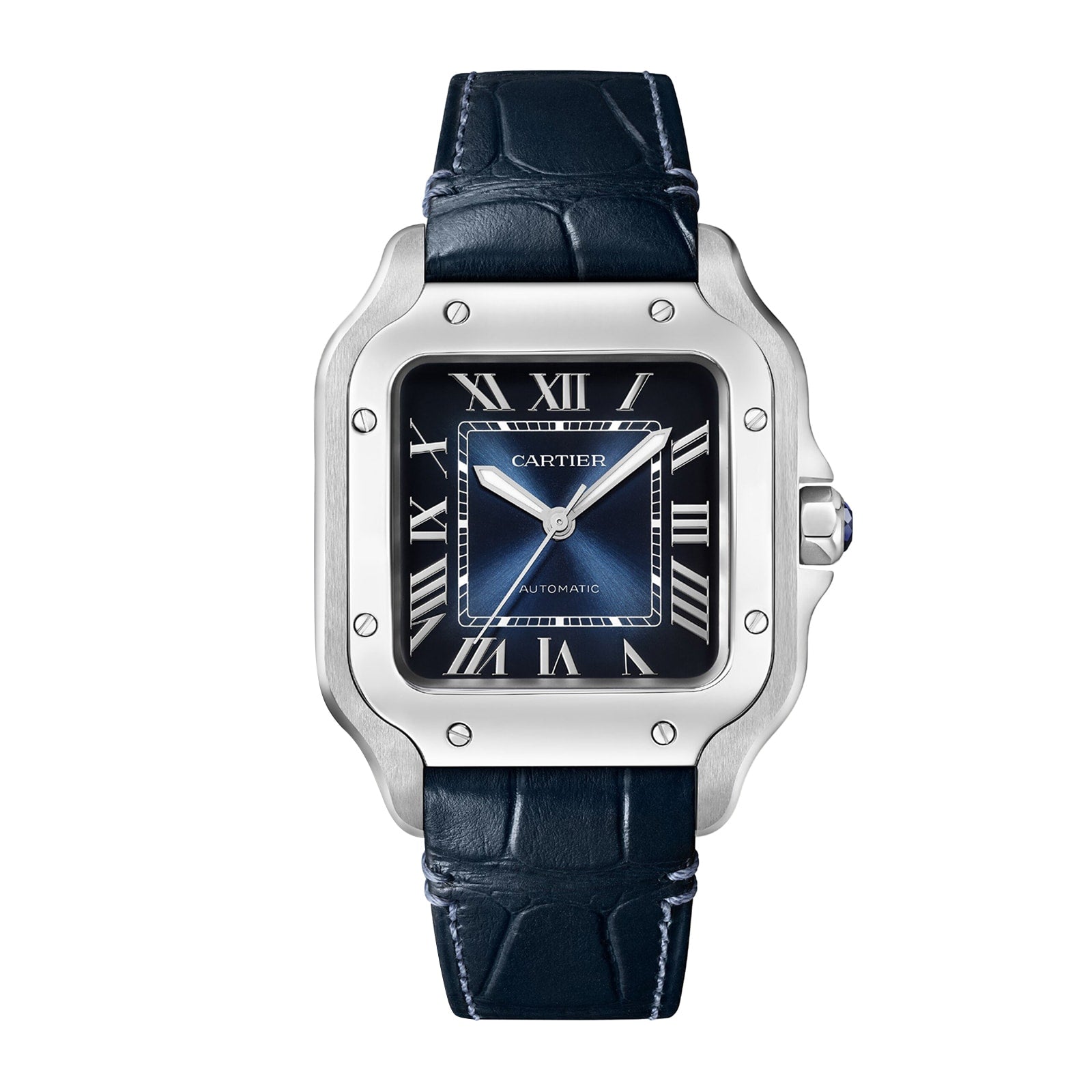 The Santos de Cartier by Cartier features a square silver case, blue dial with Roman numerals, date window at 3 o’clock, mechanical movement, and black leather strap—reflecting the brand’s historic connection to early aviation.