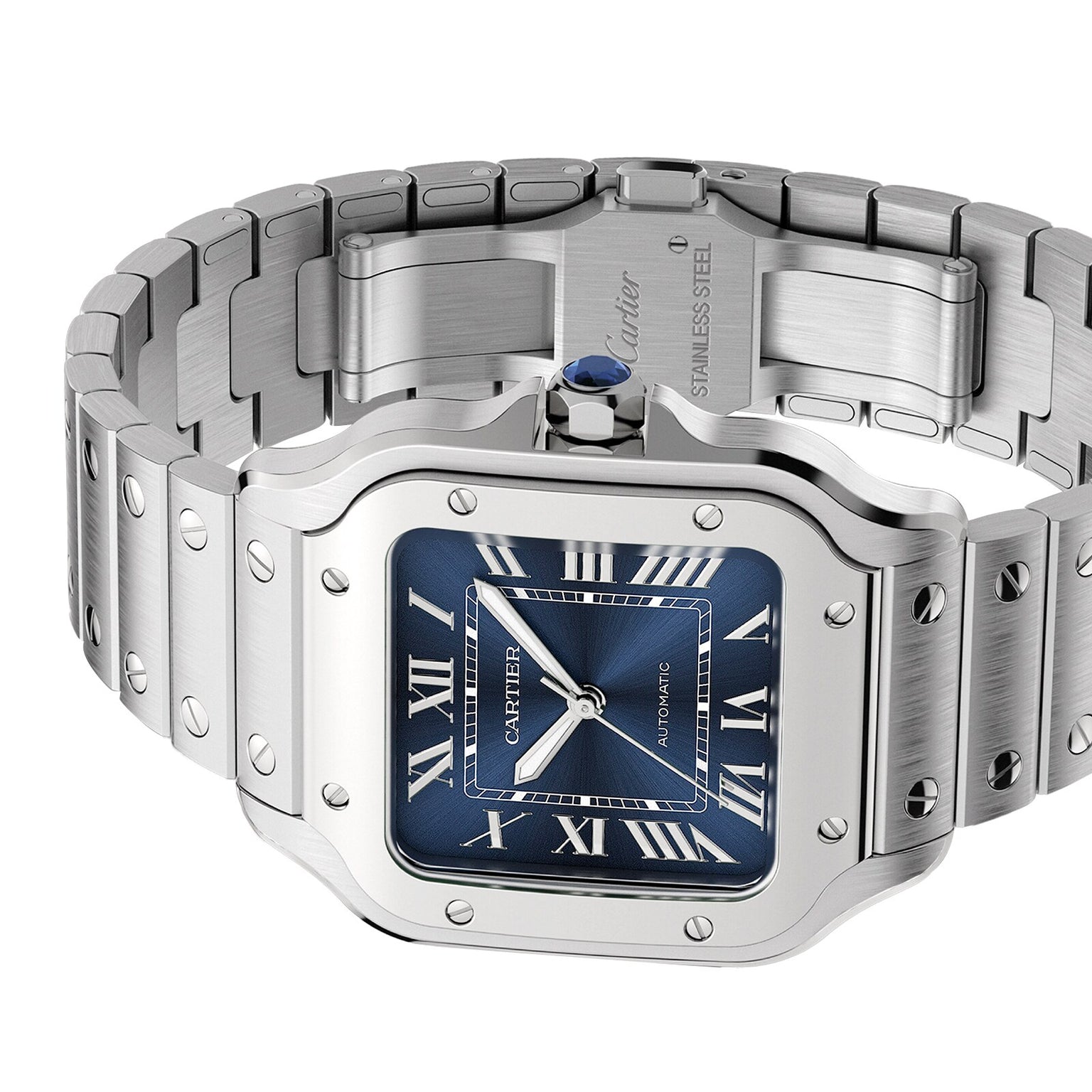 The Cartier Santos de Cartier wristwatch features a square steel case, blue Roman numeral dial, silver bezel, and metal bracelet—honoring aviator Alberto Santos-Dumont.