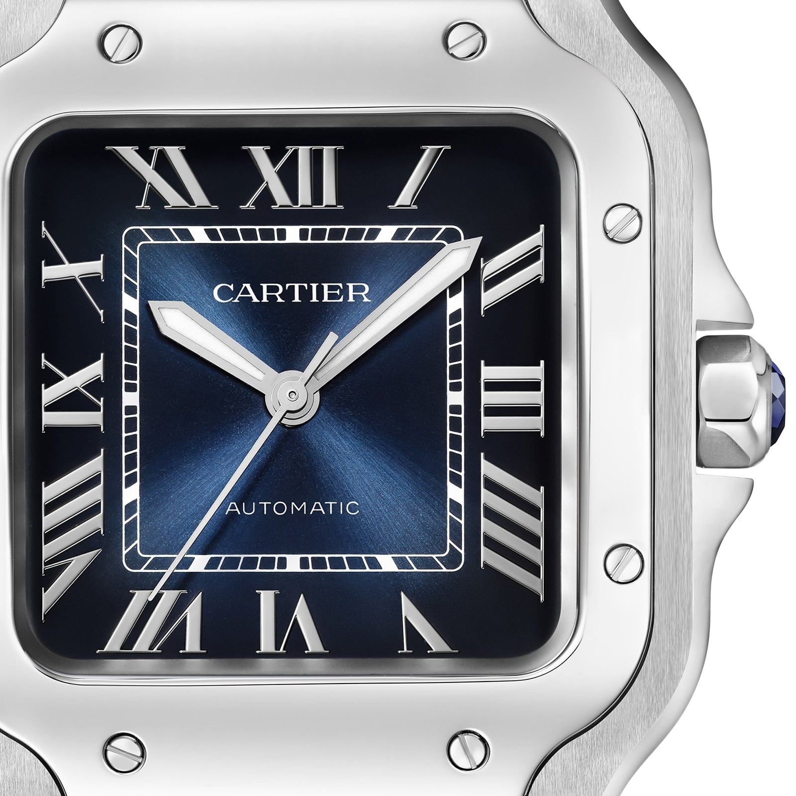 Close-up of the Santos de Cartier by Cartier, showcasing its blue square dial with Roman numerals, silver hands, and AUTOMATIC above 6 o’clock—all in a refined square steel case inspired by aviator Alberto Santos-Dumont.