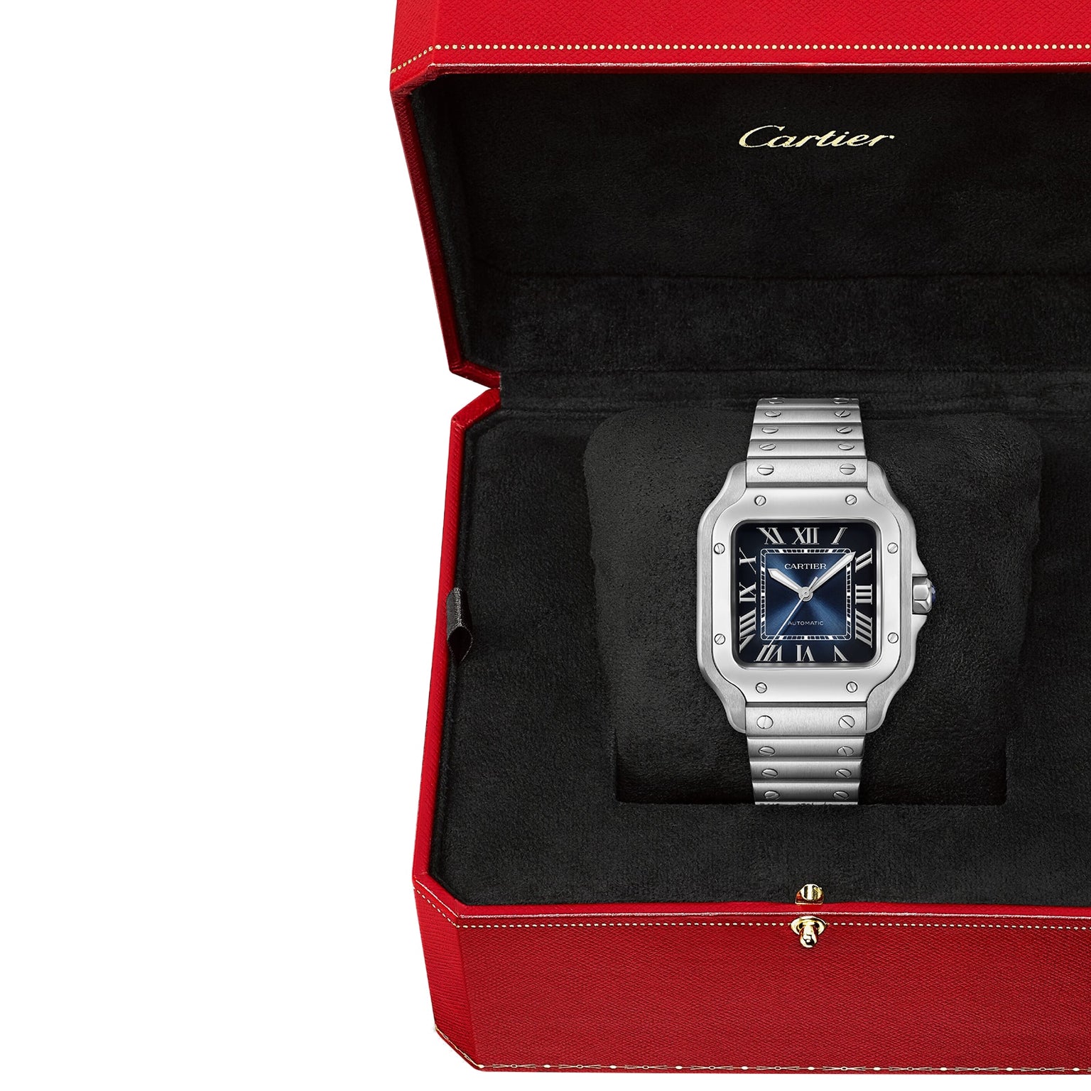 A Cartier Santos de Cartier wristwatch with a blue dial, square silver steel case, and Roman numerals is showcased inside a red Cartier box featuring black interior lining.