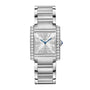 The Cartier Tank Française is a rectangular silver wristwatch with a metal bracelet, diamond side accents, Roman numerals, and blue sword-shaped hands on a white dial.