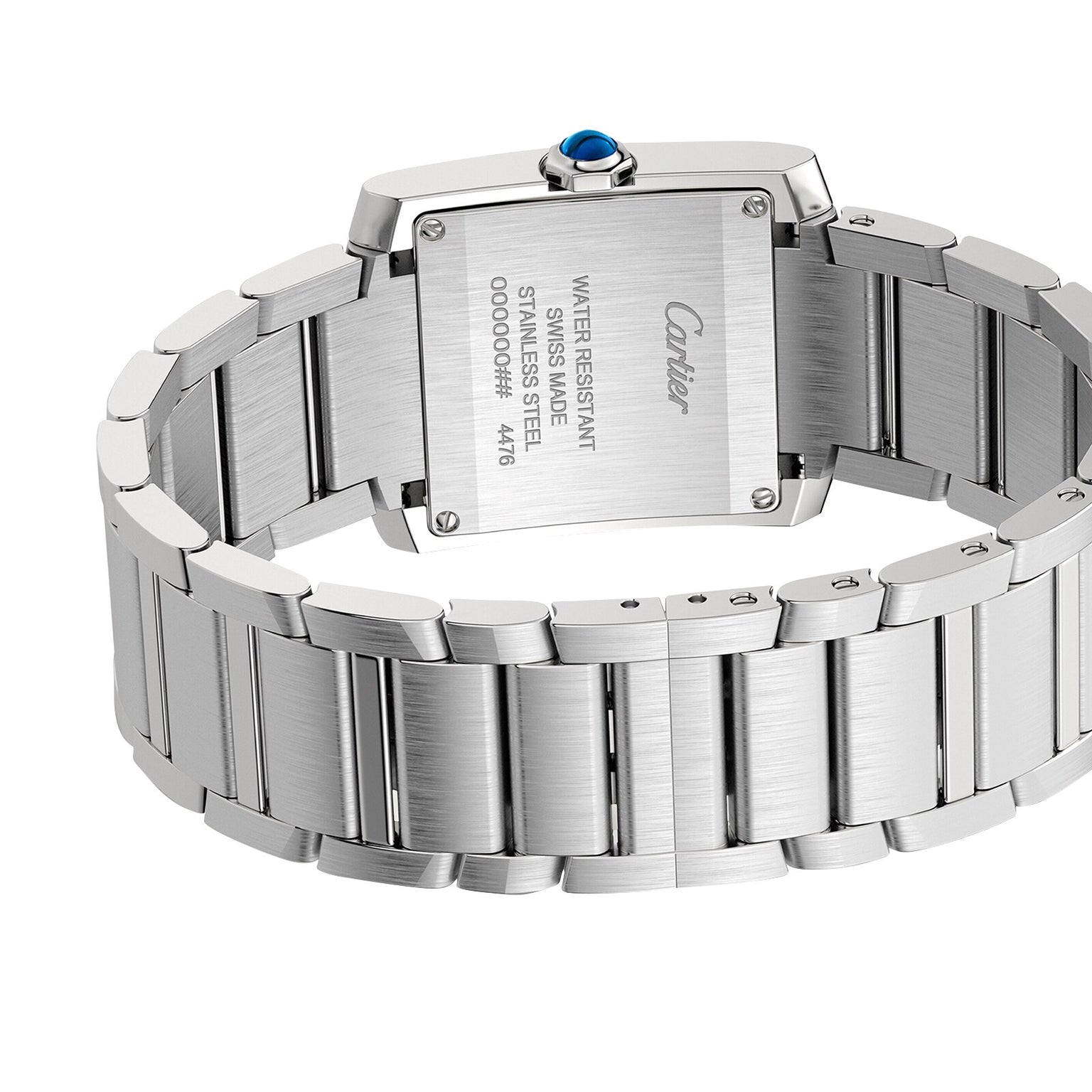 Back view of the Cartier Tank Française, showcasing its engraved stainless steel case back with details on water resistance, material, and serial number.