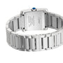 Back view of the Cartier Tank Française, showcasing its engraved stainless steel case back with details on water resistance, material, and serial number.
